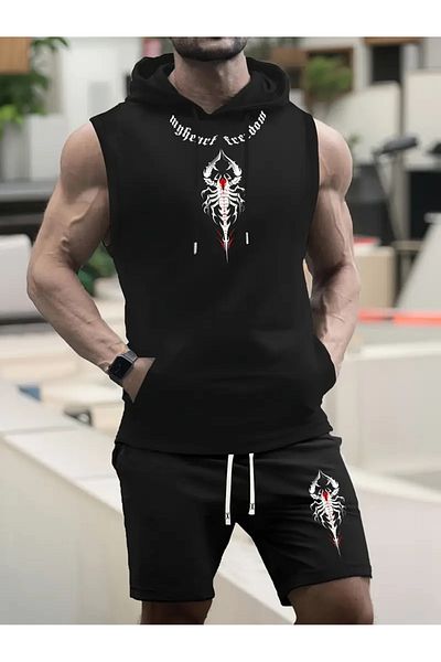 bellanova Athletic Vest and Shorts Set, Lace-Up Printed Tank Top with Hood,