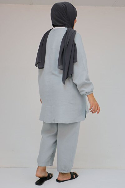 Eslina 57048 Plus Size Muslin Pants Suit with Elastic Sleeves - Gray