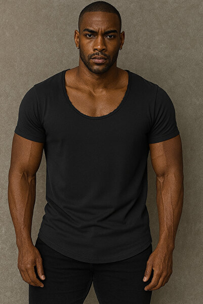 BYBÜLENT Ανδρικό μπλουζάκι με φαρδύ γιακά πλήρους λύκρας υψηλής ποιότητας, οβάλ λεπτή κοπή