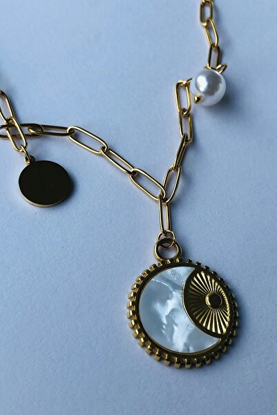 Bonicce Moon and Sun Motif Pearl Grain Women's Steel Necklace Stainless Steel