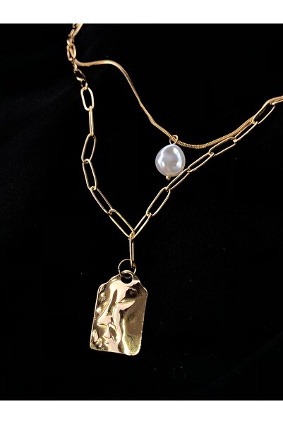 Bonicce Portrait Embossed Pearl Grained 2-Piece Women's Steel Necklace Stainless Steel