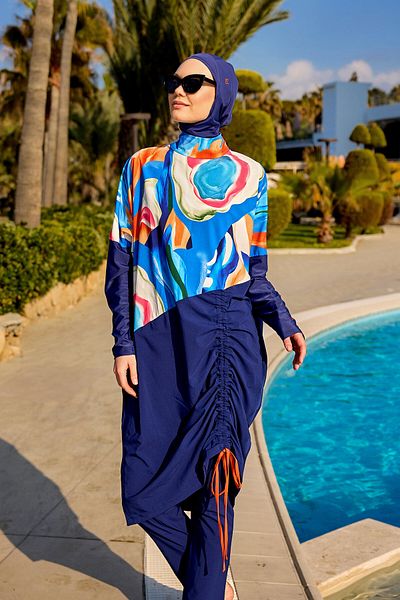 Marina Swimwear Navy Blue Full Covered Hijab Swimsuit – Water Drain Panel, 4 Piece Set M2515