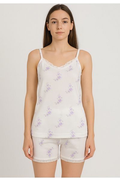 TOSKI Women's pajama set with lace detailed top and floral shorts