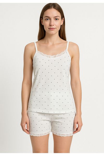 TOSKI Pijama damă cu maiou cu bretele subțiri și dantelă delicată, short lejer cu imprimeu cu buline