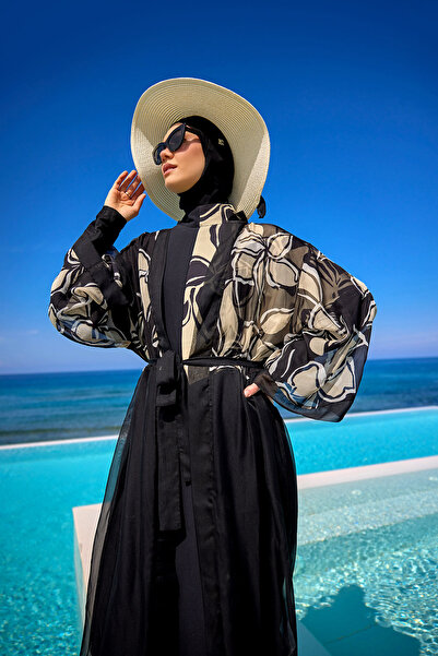 Marina Siyah Kimono – Hafif, Dökümlü ve Tam Boy Tesettür Plaj Pareosu P2509
