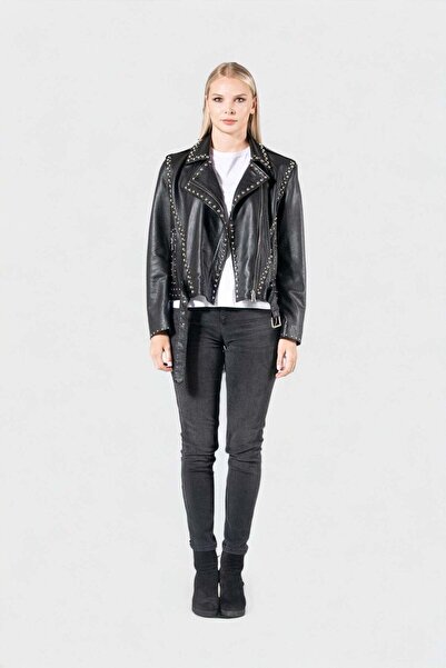 SVELG VERA - Zımbalı Fermuarlı vr Kemerli Siyah Kadın Deri Ceket