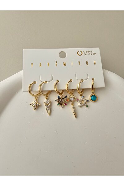 Zivazer Store Kadın çelik kararmaz 14 k altın rendinde 6'lı halka küpe