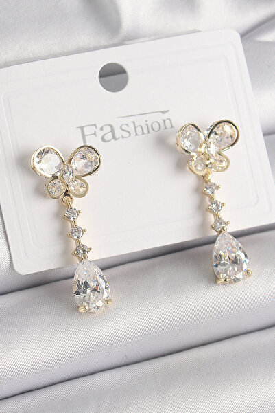 Skygo Brass Gold Color Zircon Stone Butterfly Model Dangle Drop Zircon Stone Women's Earrings - Tj-Bkp9860