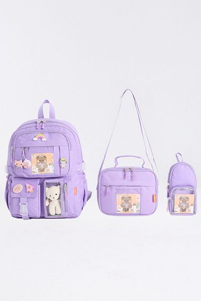 Roxbros Set of 3 Girls' Primary School Bag with Korean Style Accessories Backpack with Pen Holder and Lunch Bag