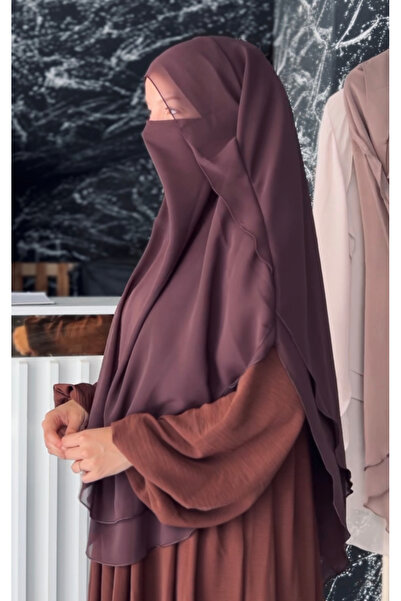 Fashion journey Hanique Brown 3-Layered Chiffon Shadowed Oval Souffle Veil - Full Coverage Headscarf - Hajj Umreh Souffle Khimar