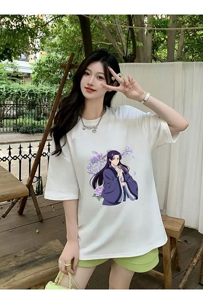 DEEFWEAR White Anime Jinshi Purple Flowers Printed Unisex Oversize Tshirt