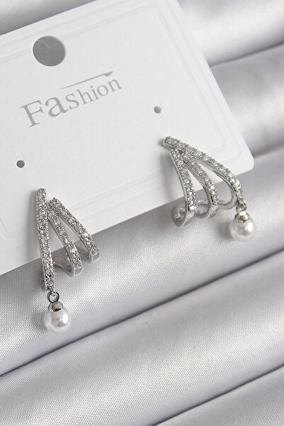 Skygo Brass Silver Color Zircon Stone Claw Model Pearl Detail Women's Earrings - Tj-Bkp9958