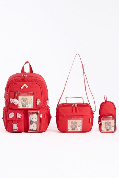 Roxbros Kawaii Korean Style Set of 3 with Accessories Children's Primary School Bag Backpack with Pen Holder and Lunch Bag