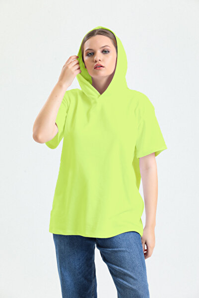 pulur.co Fıstık Yeşili Kısa Kollu Kapüşonlu %100 Pamuklu Oversize 2 İplik Tişört