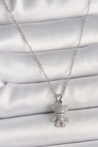 Skygo Silver Color 316L Steel Chain Necklace Zircon Stone Teddy Bear Figure