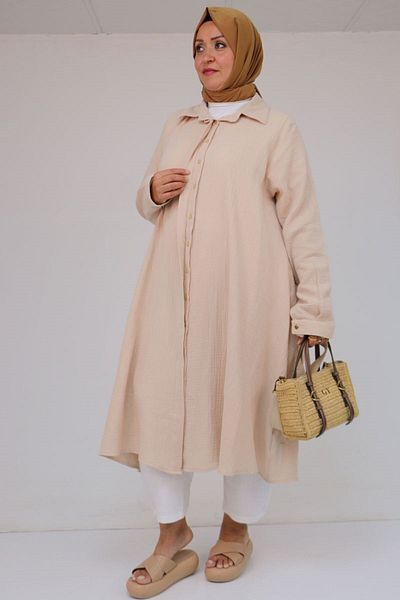 Eslina 58093 large size mevlana cut muslin shirt - beige