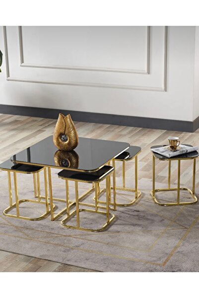 AlberoLife 5li Oval Kenar (KURULUM GEREKTİRMEZ) 4+1 SİYAH Temperli KIRILMAZ Cam GOLD Ayak Sehpa