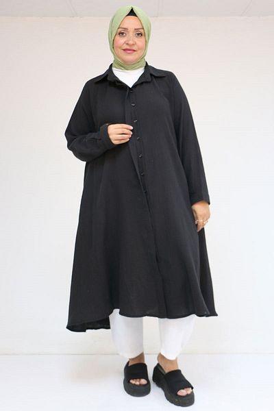 Eslina 58093 large size mevlana cut muslin shirt - black