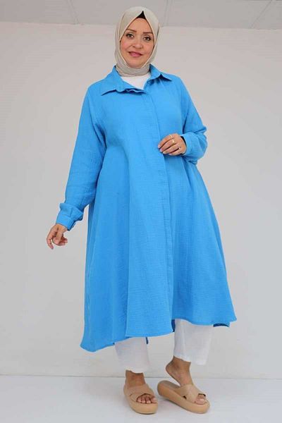 Eslina 58093 large size mevlana cut muslin shirt - blue