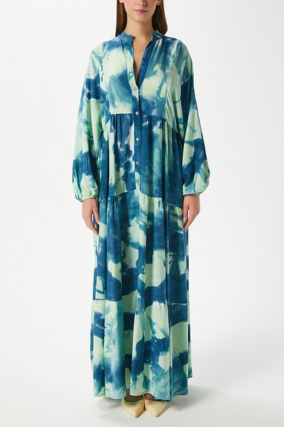 Ritnice Modest Gloria Turquoise Women's 100% Viscose Maxi Size Layered Balloon Sleeve Long Summer Dress