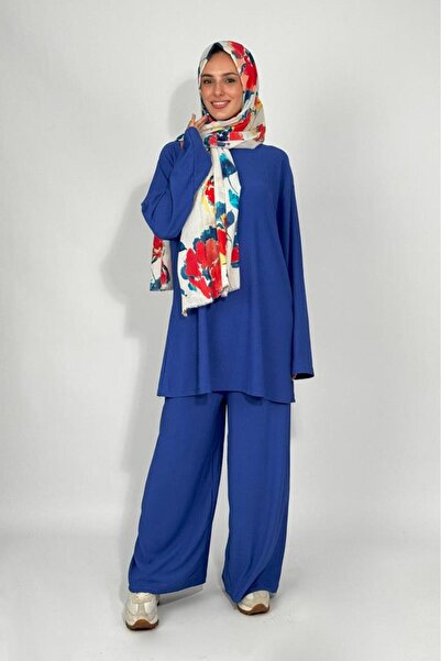 Betimoda Women's Tunic Pants Bottom Top Double Comfortable Fit Hijab Suit Saks Blue