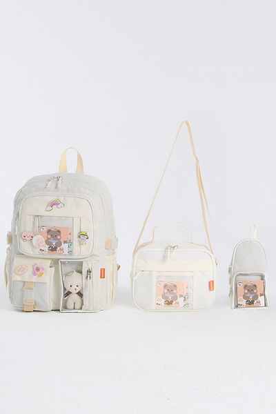 Roxbros Set de 3 accesorii în stil coreean Kawaii pentru copii, geantă pentru școală primară, rucsac cu suport pentru creion și cutie de prânz