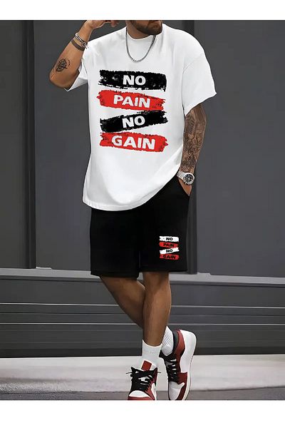 makiteks Cotton Set of 2 Solid Color Men Women Unisex Regular Shorts and Tshirt T-Shirt No Pain No Gain