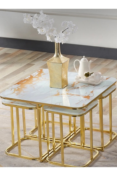 AlberoLife 5li Oval Kenar (KURULUM GEREKTİRMEZ) 4+1 BEYAZ SARI MERMER Temperli KIRILMAZ Cam GOLD Ayak Sehpa