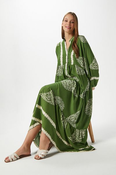 Ritnice Modest Helena Green Cream Women's 100% Viscose Maxi Length Layered Balloon Sleeve Long Summer Dress