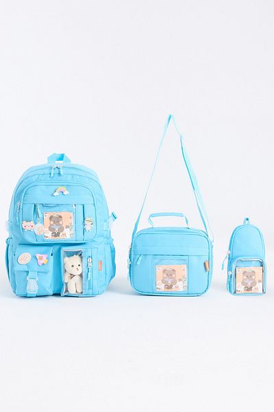 Roxbros Kawaii Korean Style Set of 3 with Accessories Children's Primary School Bag Backpack with Pen Holder and Lunch Bag