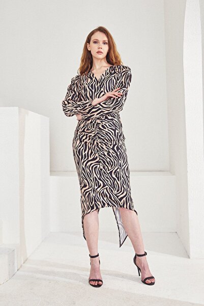 Genel Markalar Zebra Desen Elbise-Bej