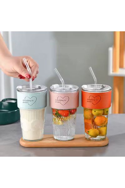 LDA Glass tumbler with straw, 560 ml, engraved heart, various colors