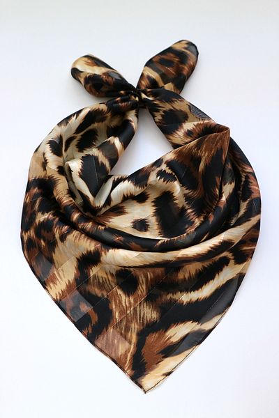 THE MOON Glam Leopard Patterned Sparkling Silky Brown Satin Scarf