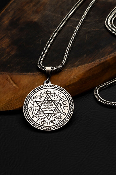 OTTOTESBİH Hz. Süleyman Mührü Motifli Kalemkar Tasarım Erkek Gümüş Kolye 33Gr