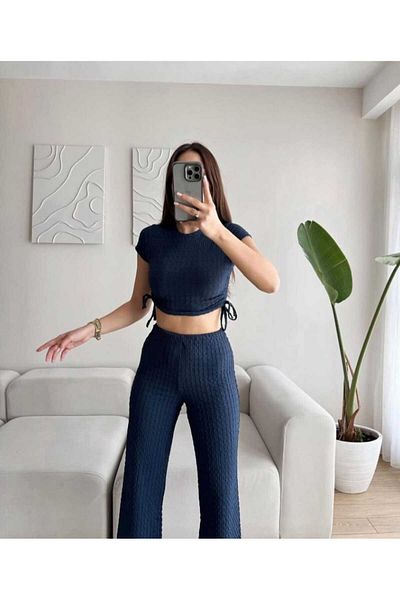 Melff Women's High Waist Bubble Wrinkle Fabric Pants
