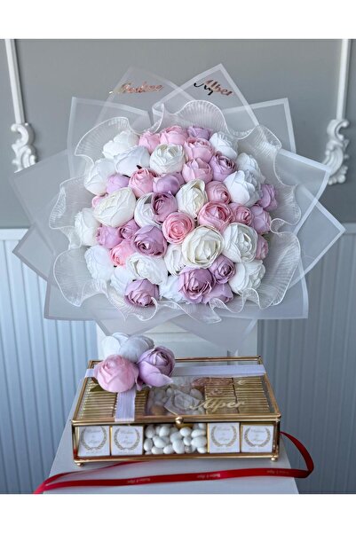 Eminönü Baskı Merkezi Kız İsteme Çikolatası 88'li ve 41 adet renkli Şakayık buket İsteme çiçeği Söz,Nişan isimli Kurdelesi