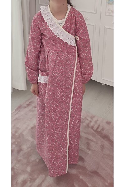 moms and babies Kız Çocuk Pembe Çiçekli Namaz Elbisesi 3-14 Yaş