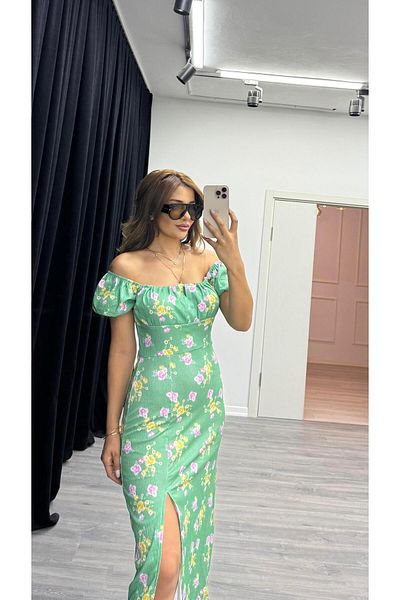 Daves Lace-up Front Madonna Collar Floral Print Green Short Sleeve Dress