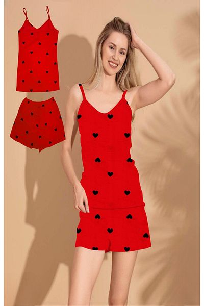 TOSKI Women's Pajama Set: Tank Top and Shorts, Heart Print, Red