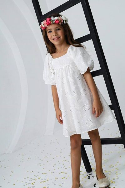 HÇ Hülya Çelik KİDSWEAR 2018 Girls' Cotton Short Sleeve White Scalloped Dress