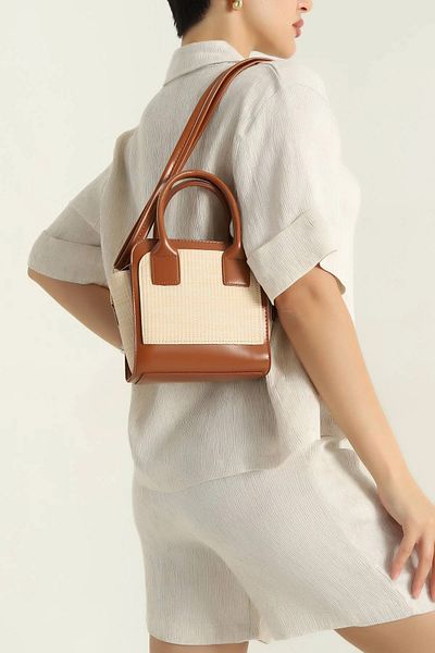 MILANOFOX Straw Look Leather Detailed Tan Women's Shoulder and Hand Bag – Summer & Stylish Mini Bag