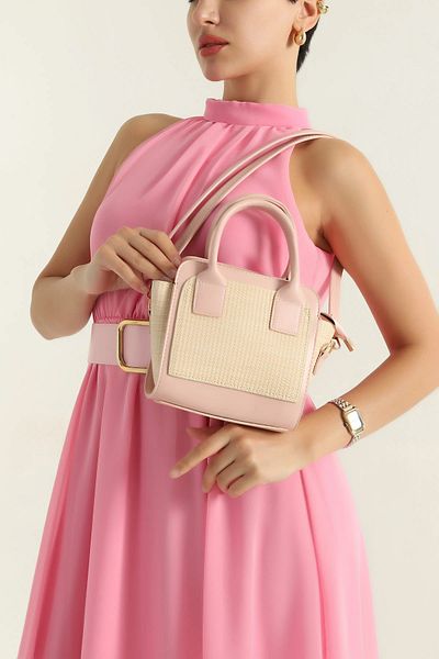 MILANOFOX Pink Women's Shoulder and Hand Bag with Straw Look Leather Detail – Summer & Stylish Mini Bag