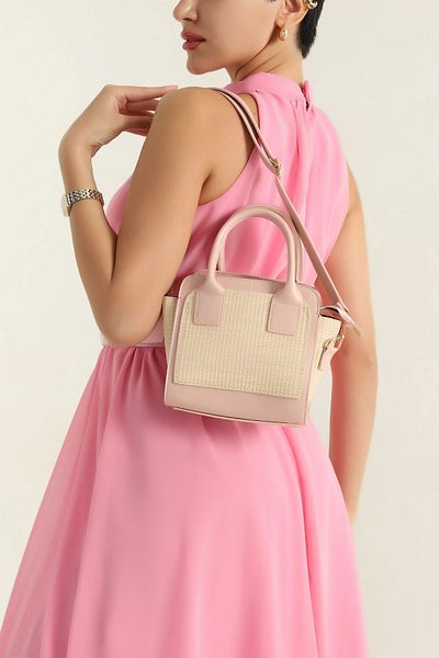 MILANOFOX Pink Women's Shoulder and Hand Bag with Straw Look Leather Detail – Summer & Stylish Mini Bag