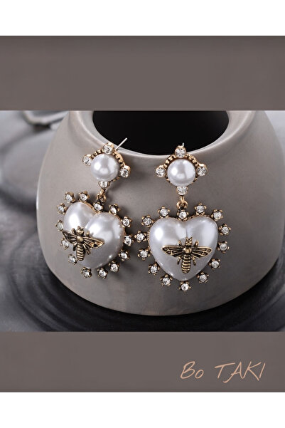 Bo Takı ve Aksesuar Pearl Bee Detail Heart Dangle Stone Earrings