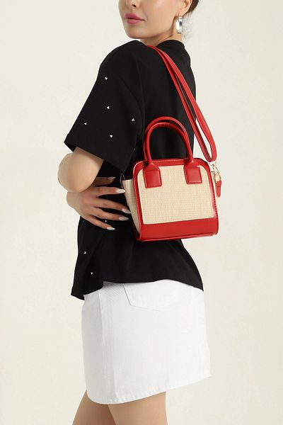 MILANOFOX Red Women's Shoulder and Hand Bag with Straw Look Leather Detail – Summer & Stylish Mini Bag