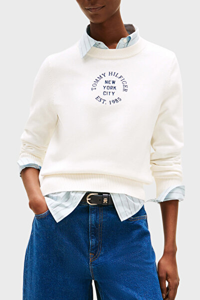 Tommy Hilfiger Baskılı Pamuklu Oversize Fit Yuvarlak Yaka Kısa Kazak KAZAK WW...