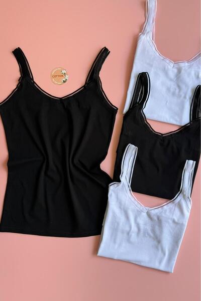 VicTroy Elva Sheer. |   4-Piece V-Neck Tulle Detailed Wide Strap White and Black Color Women's Tank Top 64E60