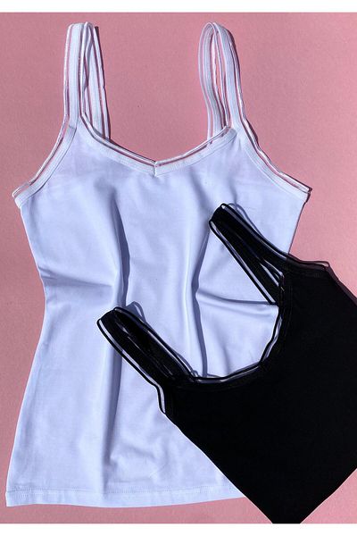 VicTroy Elva Sheer. |   4-Piece V-Neck Tulle Detailed Wide Strap White and Black Color Women's Tank Top 64E60