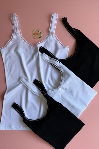 VicTroy Elva Sheer. |   4-Piece V-Neck Tulle Detailed Wide Strap White and Black Color Women's Tank Top 64E60