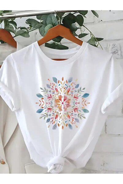 l'eivor Tricou din bumbac pentru femei cu imprimeu frunze pastel